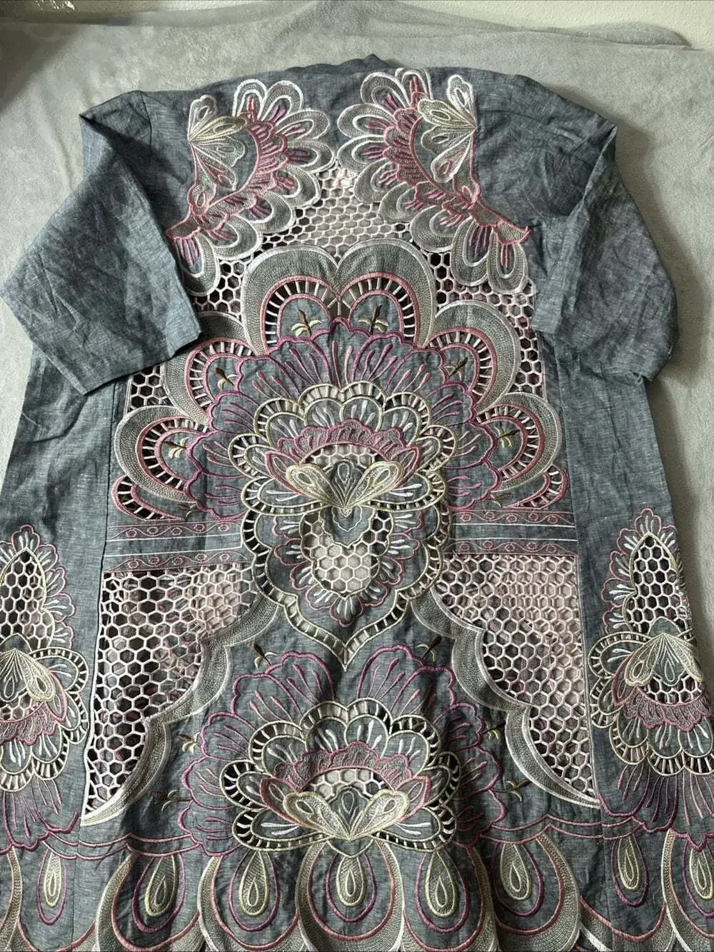 Chico’s Novelty Kimono L/XL Petite Linen Blend Scallop Embroidered Jacket NWT